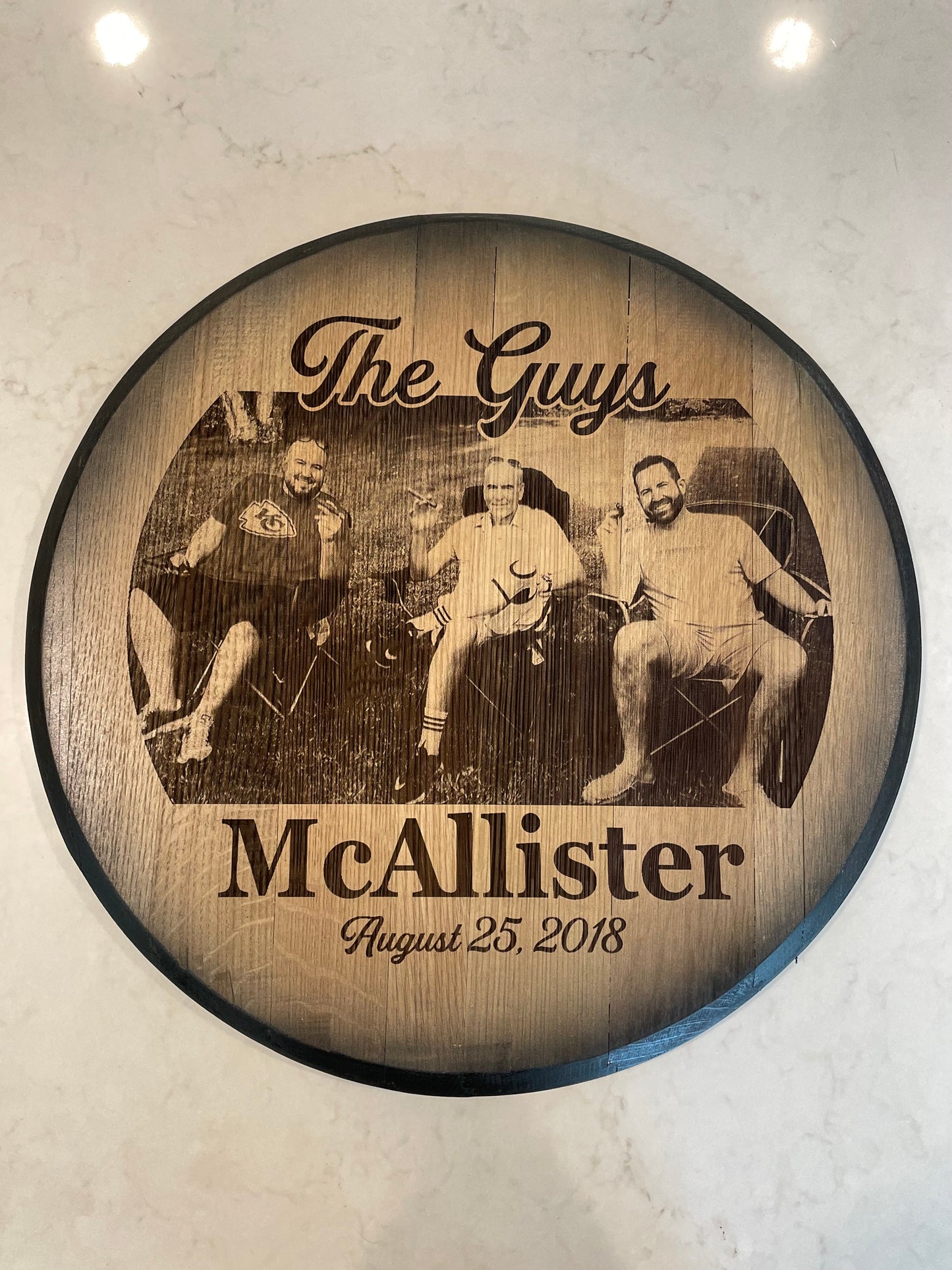 Custom Commemorative Photo Engraved Whiskey Barrel Head