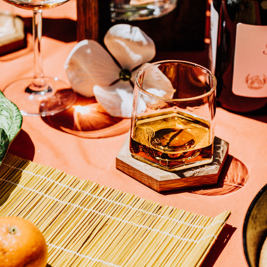 Pappy & Company Spinning Glass Set with Barrel Stave Coasters