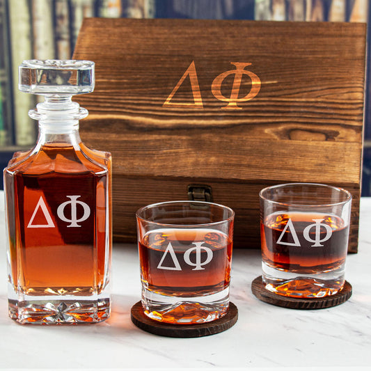 Engraved Delta Phi - Personalized Whiskey Decanter Set In Wood Gift Box
