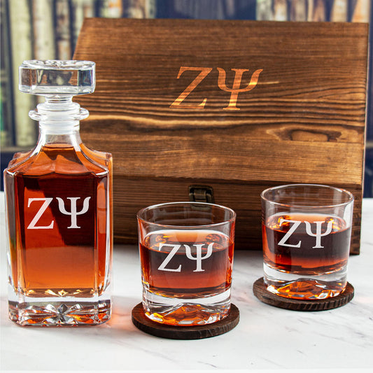Engraved Zeta Psi - Personalized Whiskey Decanter Set In Wood Gift Box