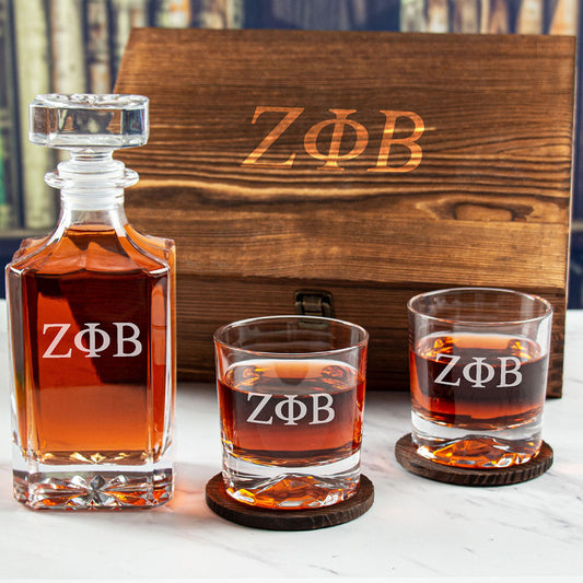 Engraved Zeta Phi Beta - Personalized Whiskey Decanter Set In Wood Gift Box