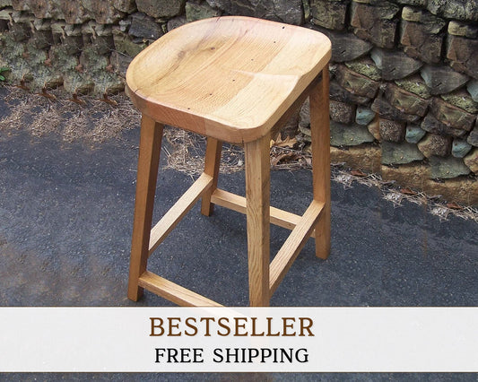 Oak Barstool, Counter Height Stool, Reclaimed Wood Tractor Seat Stool, Backless Bar Stool, Scooped Seat Kitchen Stool
