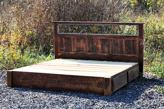 Platform Bed Storage, Queen Size Bed Frame, King Size Bed Platform, Iron Headboard, Reclaimed Wood Platform, Barn Wood Bed With Drawers