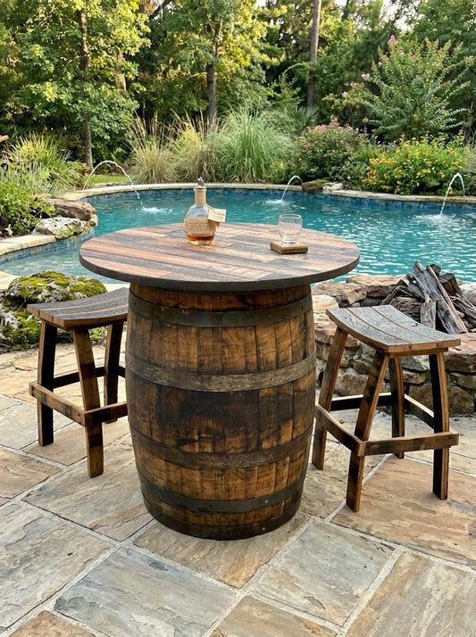 Outdoor Bourbon Barrel Bistro/Patio Table with optional stools