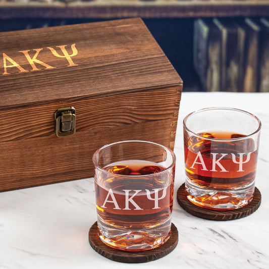 Alpha Kappa Psi Custom Engraved Personalized Whiskey Glasses In Wood Gift Box