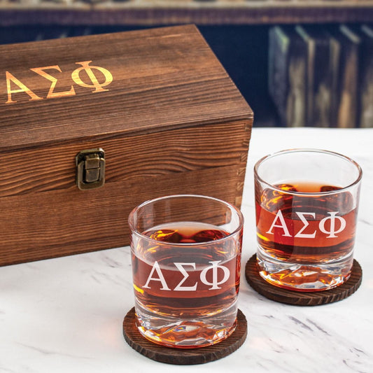 Alpha Sigma Phi Custom Engraved Personalized Whiskey Glasses In Wood Gift Box