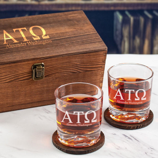 Alpha Tau Omega Custom Engraved Personalized Whiskey Glasses In Wood Gift Box