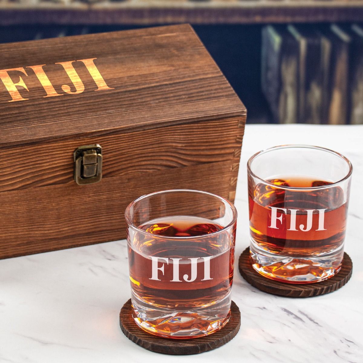 Phi Gamma Delta Custom Engraved Personalized Whiskey Glasses In Wood Gift Box