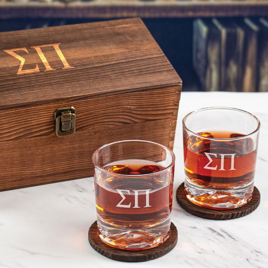 Sigma Pi Custom Engraved Personalized Whiskey Glasses In Wood Gift Box