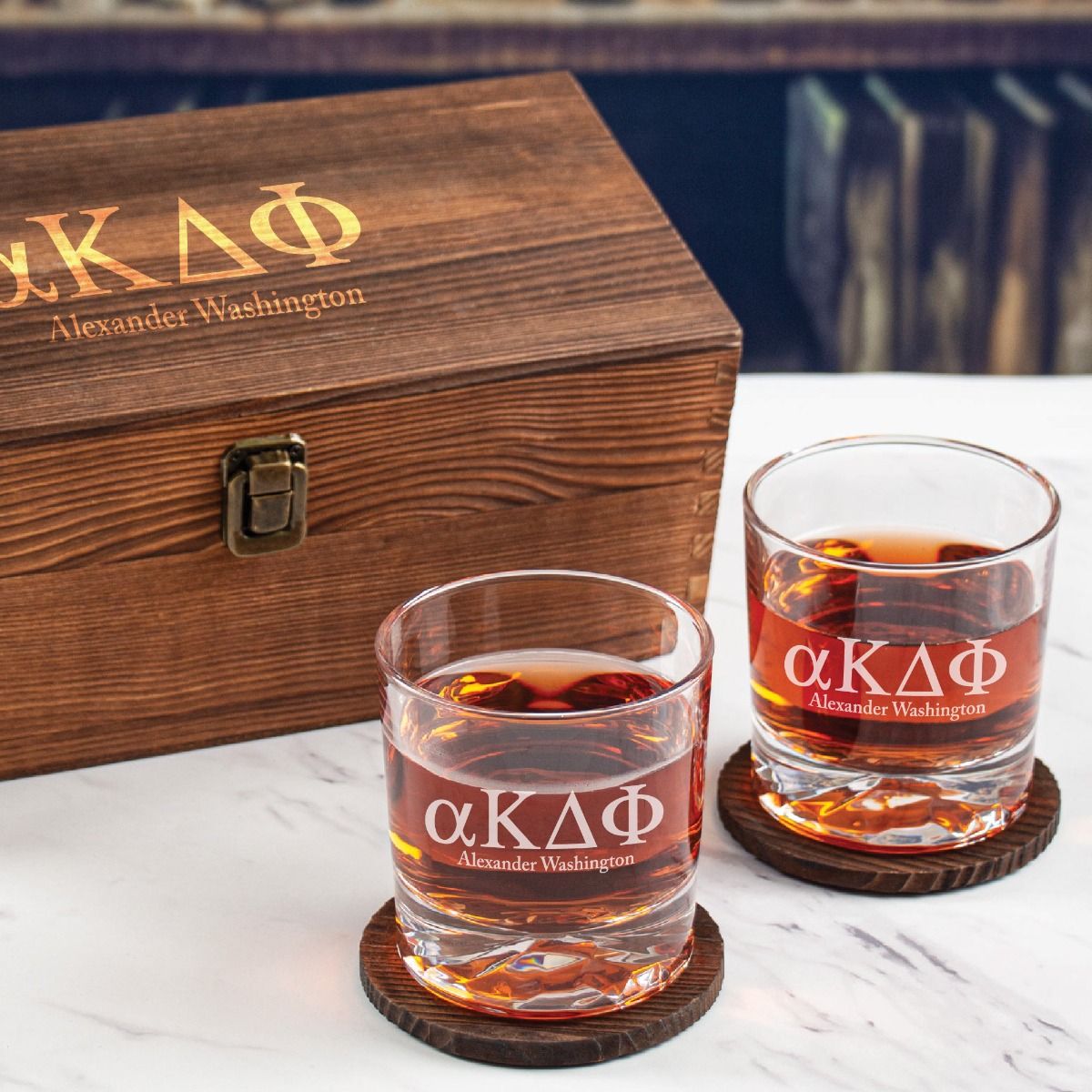 Alpha Kappa Delta Phi Custom Engraved Personalized Whiskey Glasses In Wood Gift Box