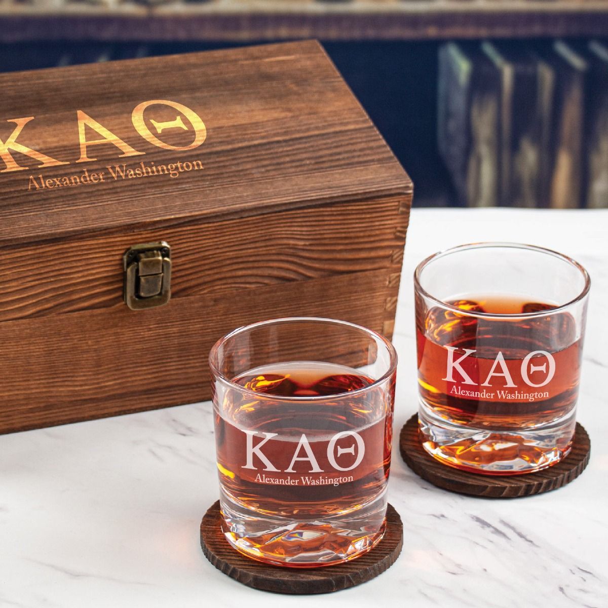 Kappa Alpha Theta Custom Engraved Personalized Whiskey Glasses In Wood Gift Box