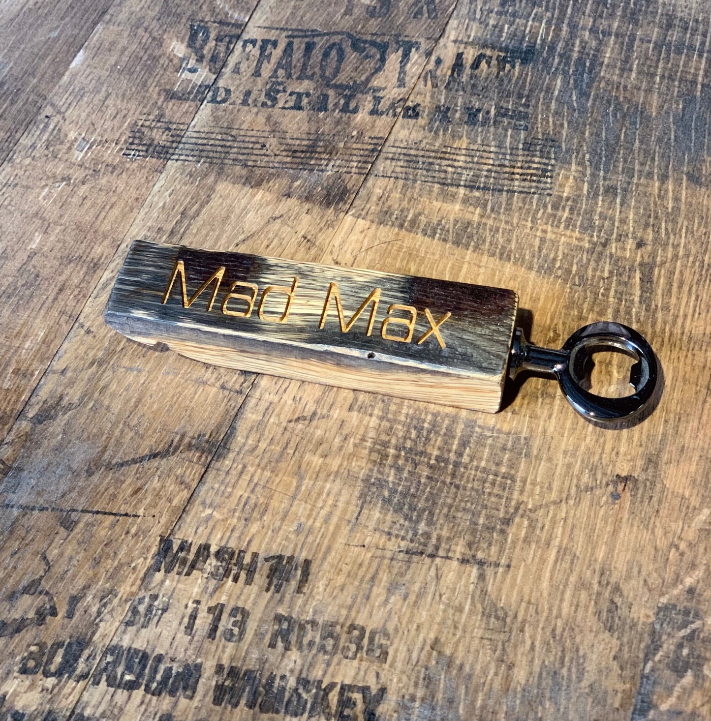 Custom engraved bourbon barrel stave bottle opener