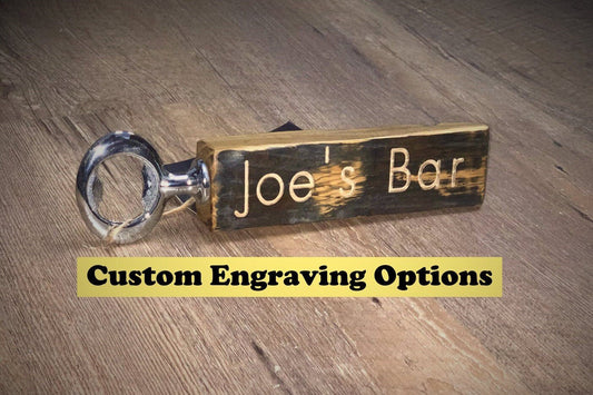 Custom engraved bourbon barrel stave bottle opener