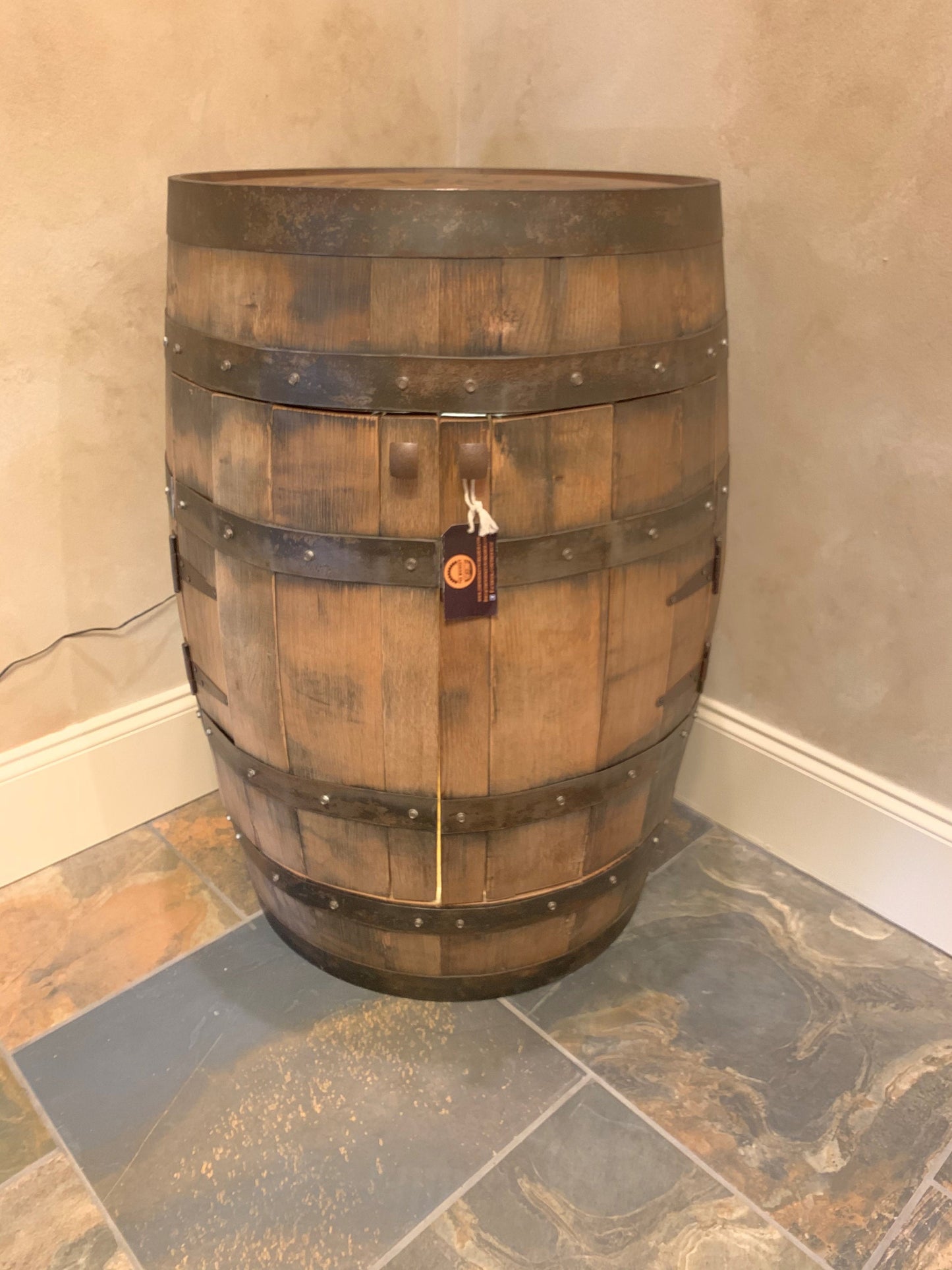 Top Seller- Bourbon Barrel Cabinet with multicolor LED's -engraving available- loaded with unique features