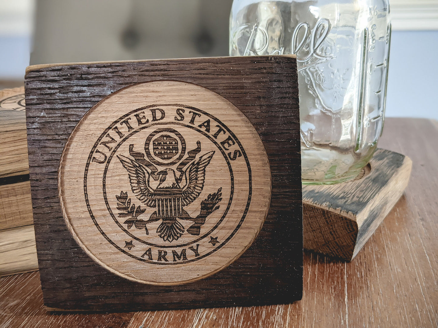 Army logo bourbon barrel stave coaster set of 4