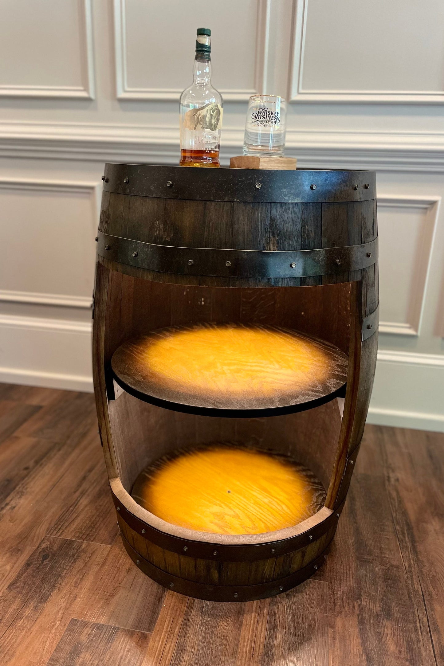 Top Seller- Bourbon Barrel Cabinet with multicolor LED's -engraving available- loaded with unique features