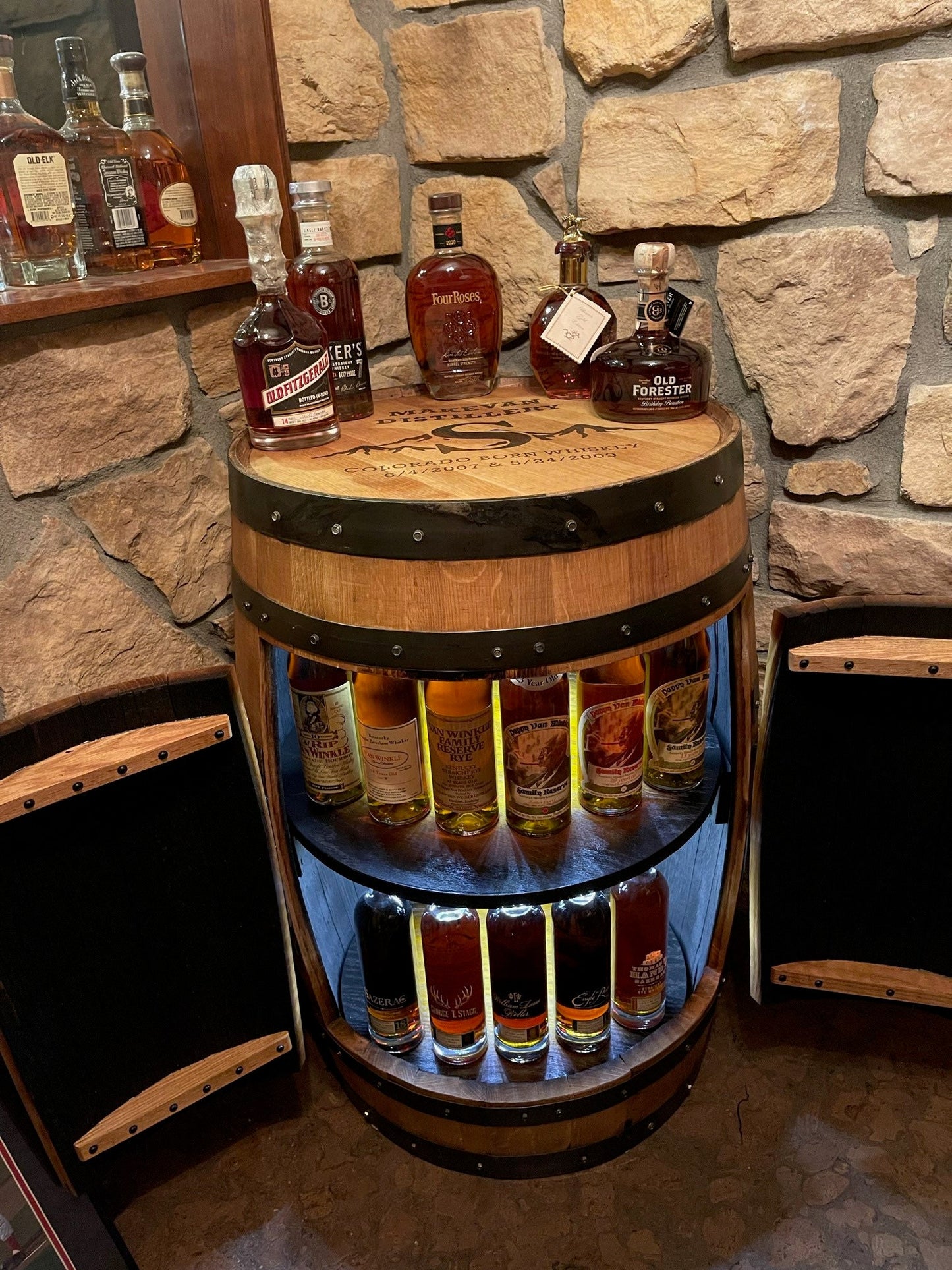 Top Seller- Bourbon Barrel Cabinet with multicolor LED's -engraving available- loaded with unique features