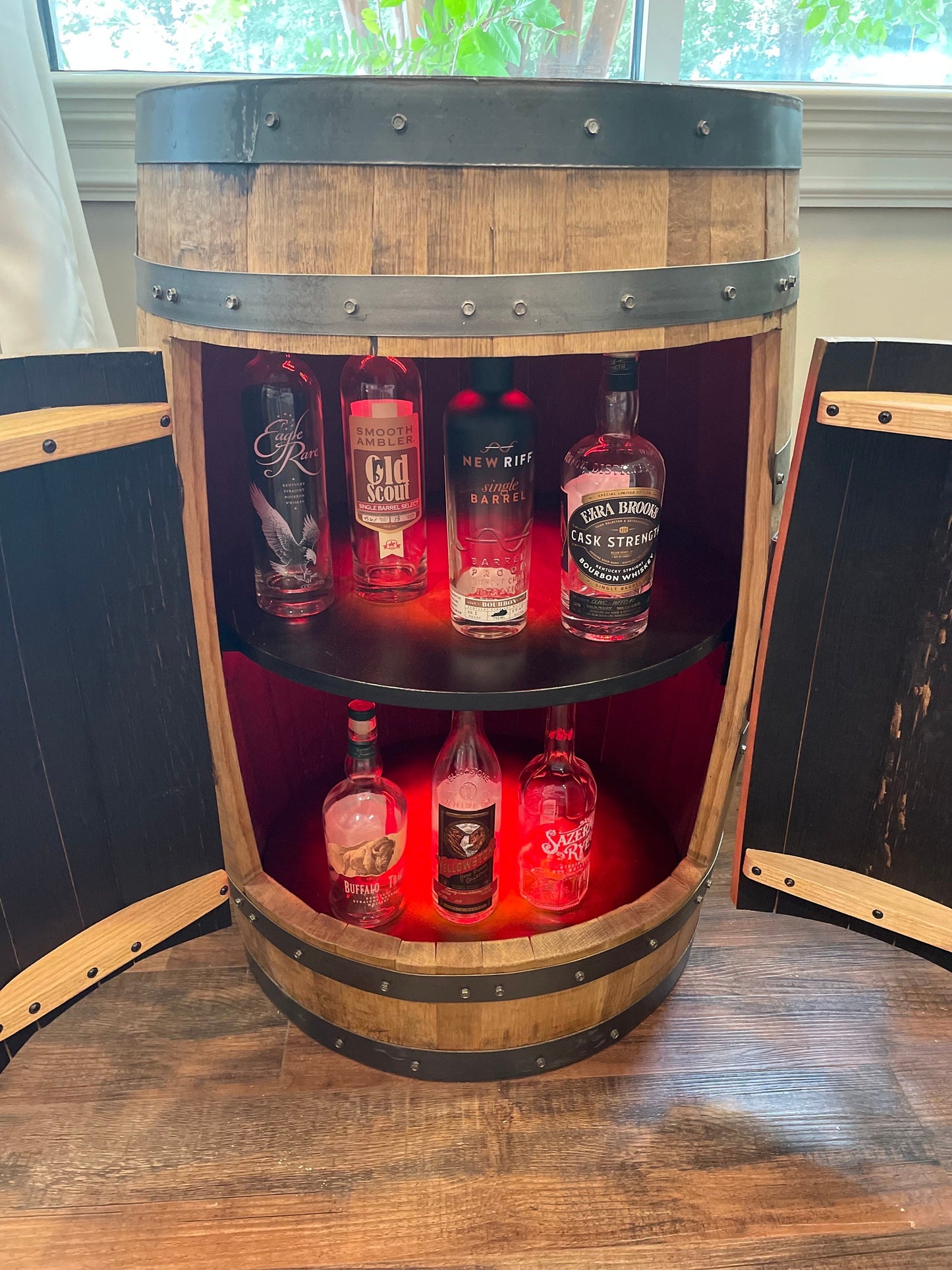 Top Seller- Bourbon Barrel Cabinet with multicolor LED's -engraving available- loaded with unique features