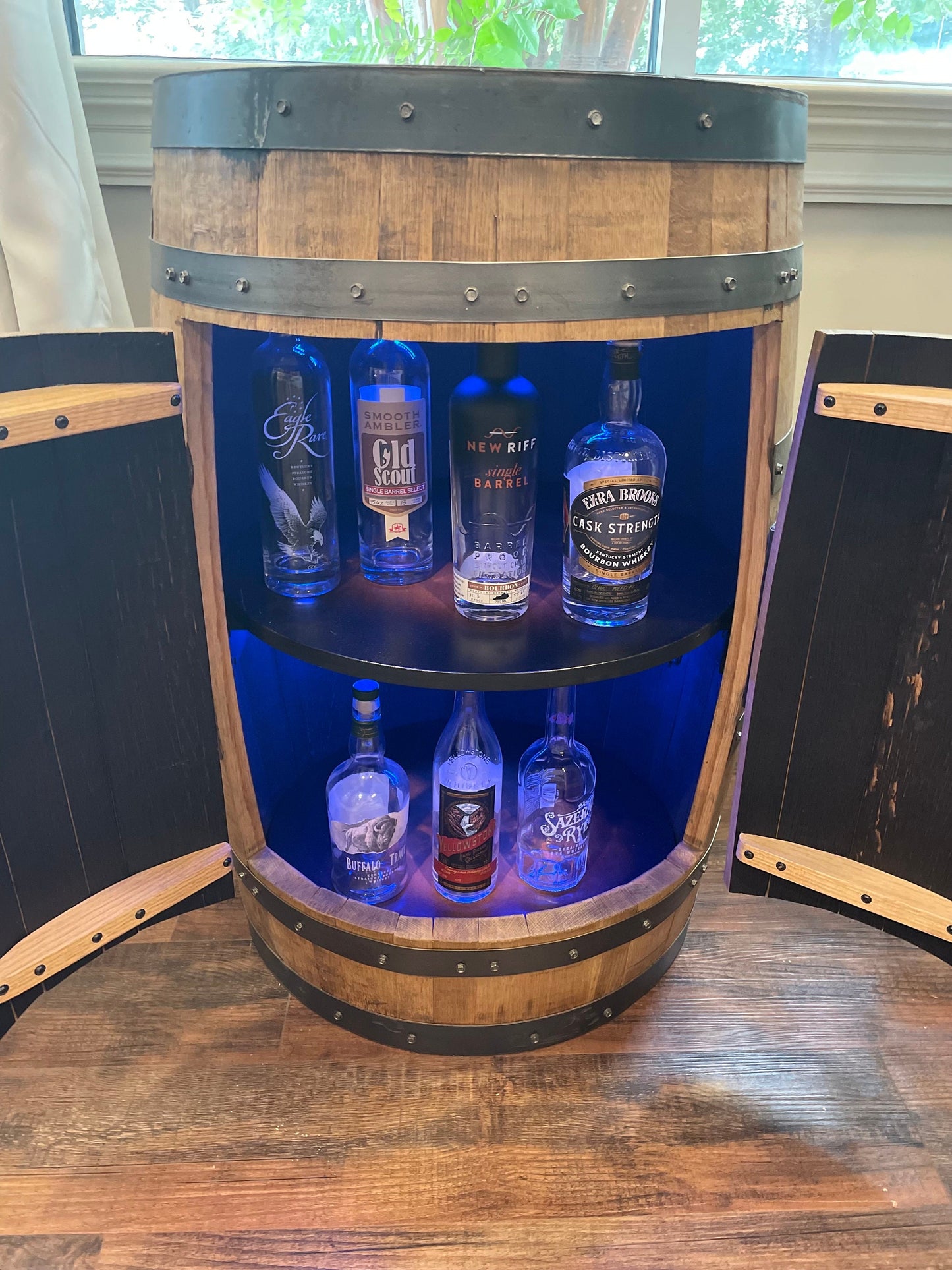 Top Seller- Bourbon Barrel Cabinet with multicolor LED's -engraving available- loaded with unique features