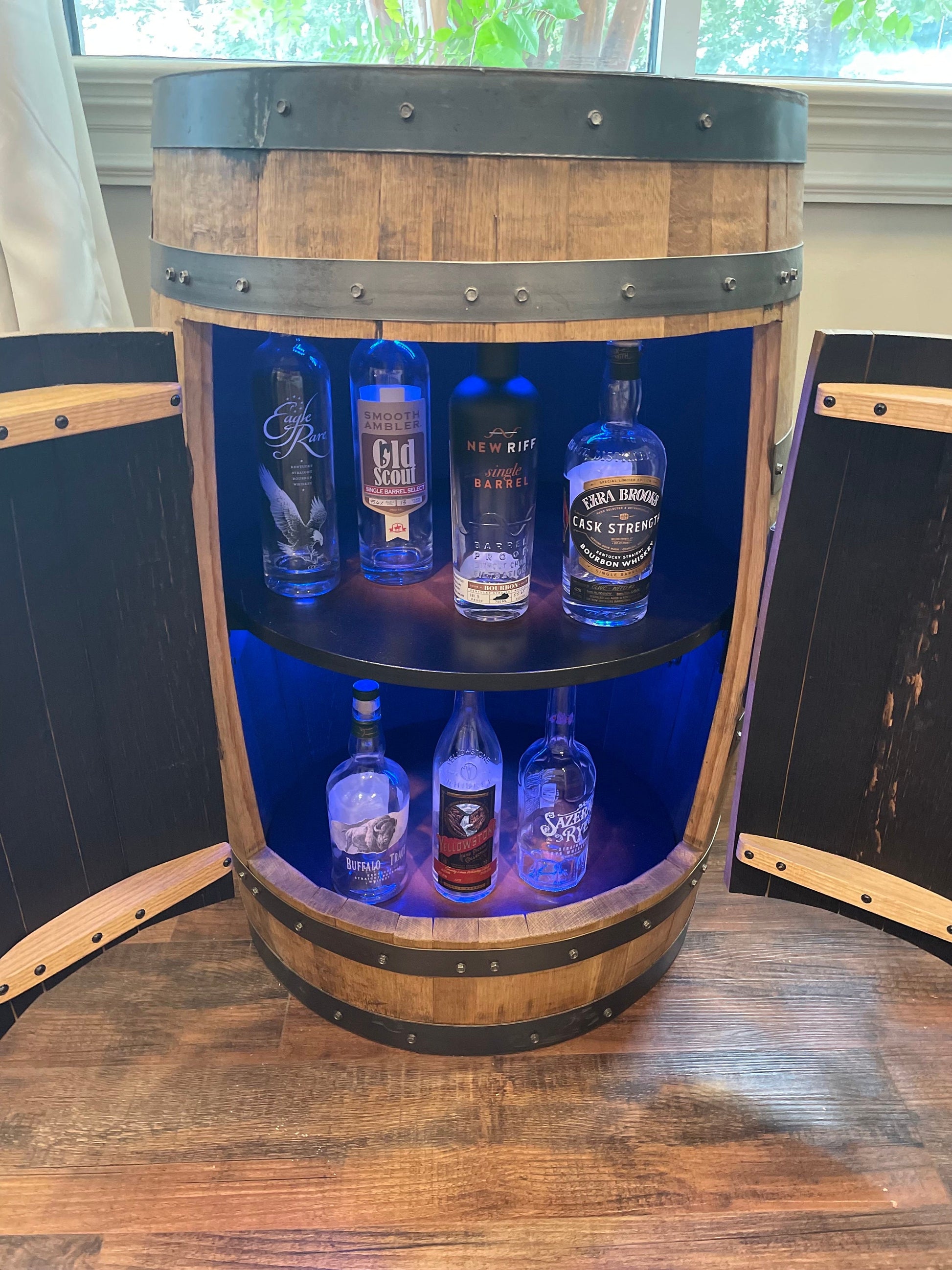 Top Seller- Bourbon Barrel Cabinet with multicolor LED's -engraving available- loaded with unique features