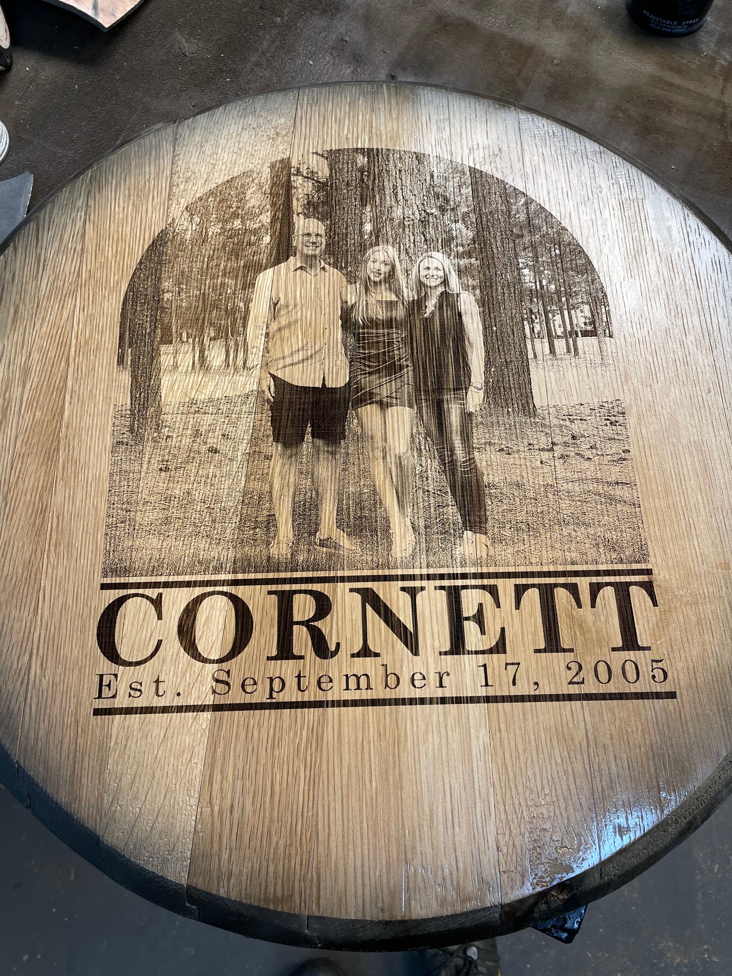 Custom Commemorative Photo Engraved Whiskey Barrel Head