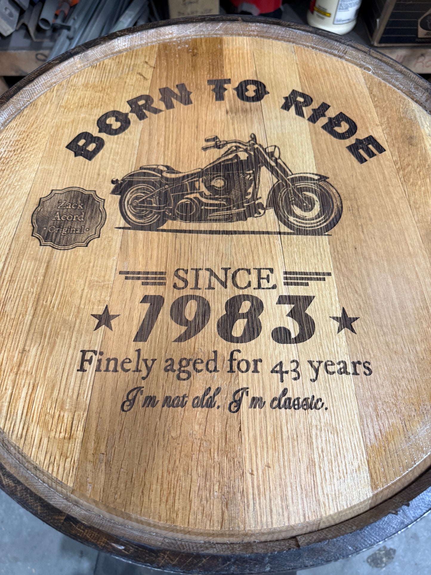 Customized Motorcycle Themed Engraved Whiskey Barrel Head