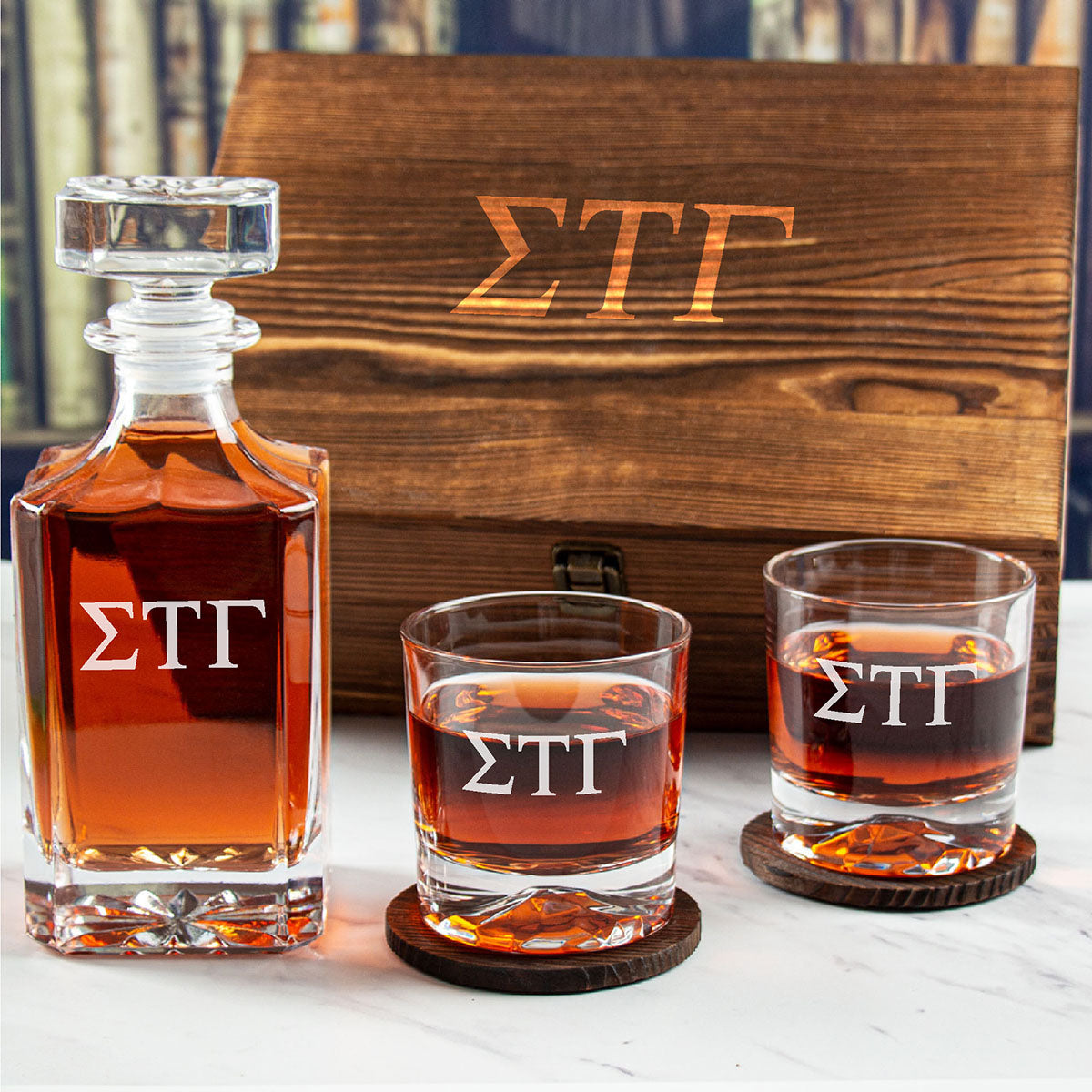Engraved Sigma Tau Gamma - Personalized Whiskey Decanter Set In Wood Gift Box
