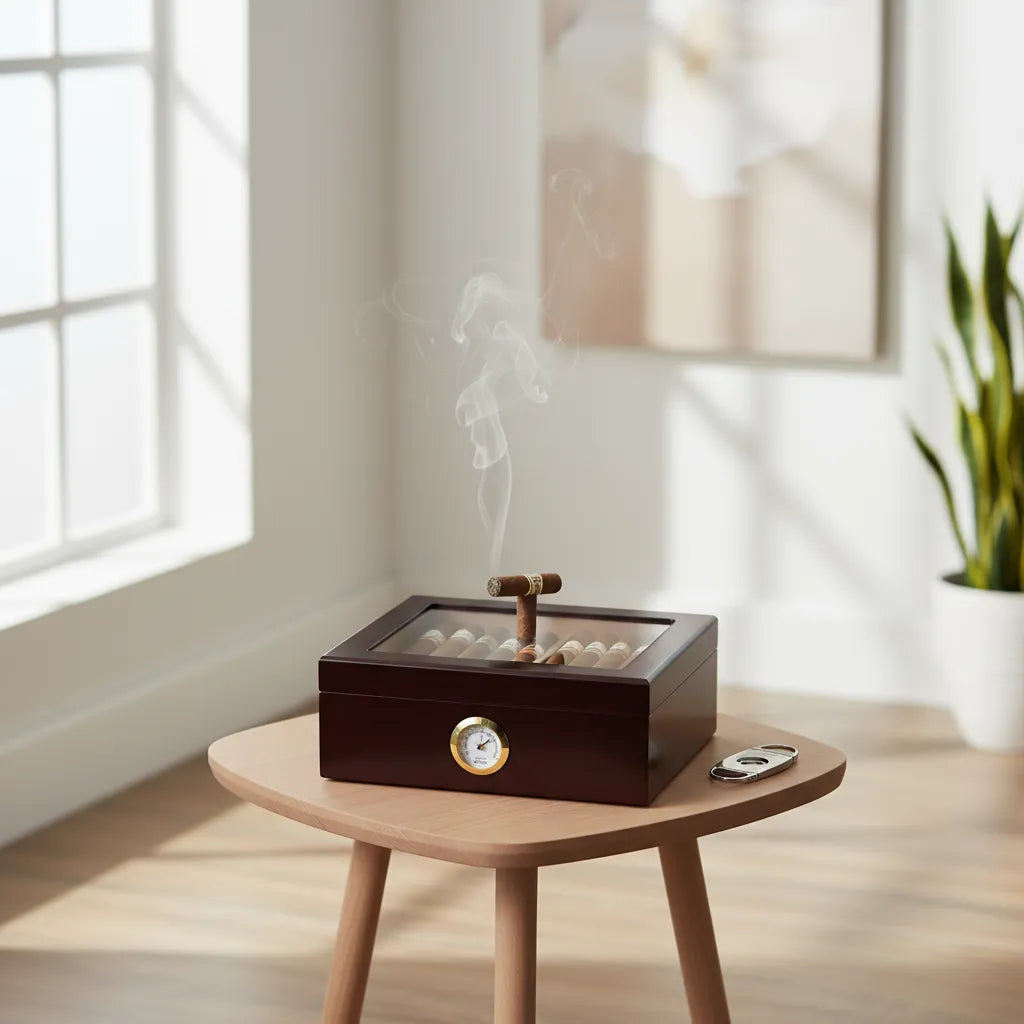 Premium Cigar Wood Box with Glass Top - Elegant Cigar Storage Solution