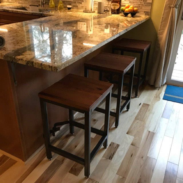Square counter height bar stool -RIGHT PROPER - Industrial counter stools reclaimed wood - Kitchen island bar stools backless Danish modern