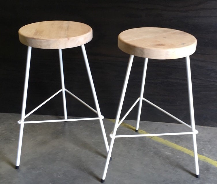Counter Stools, Bar Stools Counter Height, Backless Bar Stools, Vintage Factory Stools, Industrial Wood Bar Stool With 3 Metal Legs, Danish