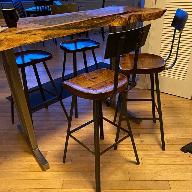 Scooped Seat Bar Stools With Backs, Counter Height Stools, Brew Haus Industrial Bar Stools, Reclaimed Wood Bar Stools