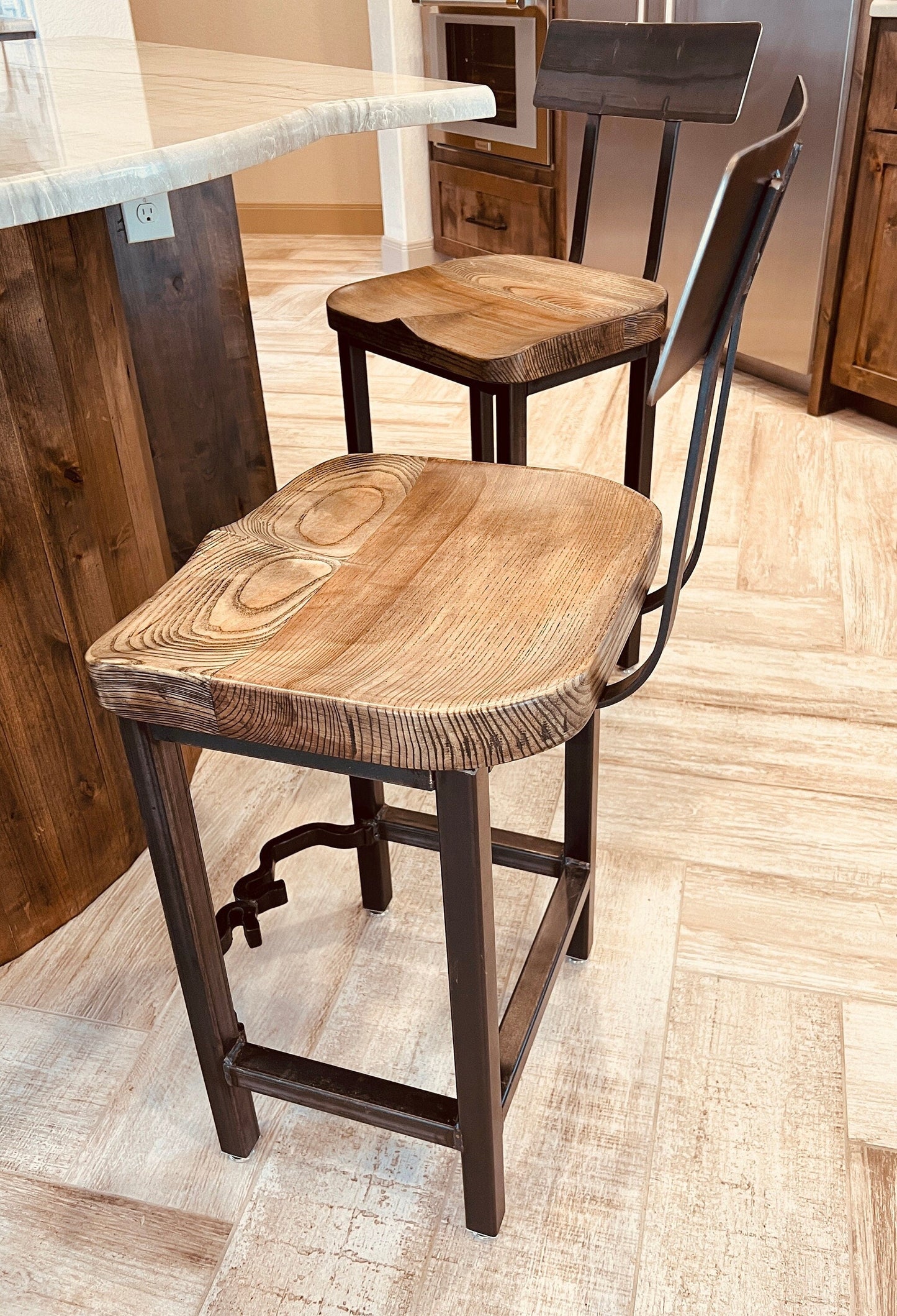Sturdy wooden bar stools with backs - Rustic counter height stools - Baker Street Stool - Large stool seat with authentic industrial design