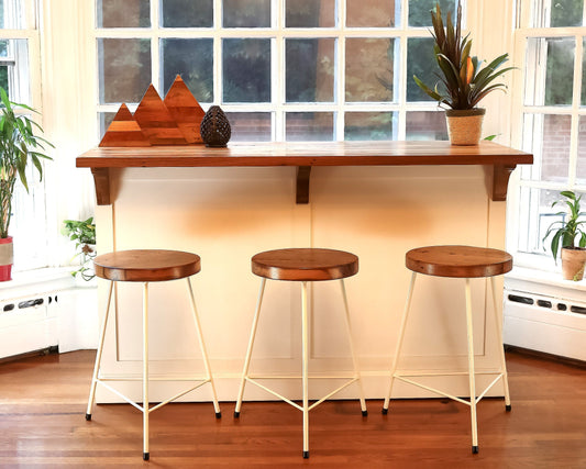 Counter Stools, Bar Stools Counter Height, Backless Bar Stools, Vintage Factory Stools, Industrial Wood Bar Stool With 3 Metal Legs, Danish