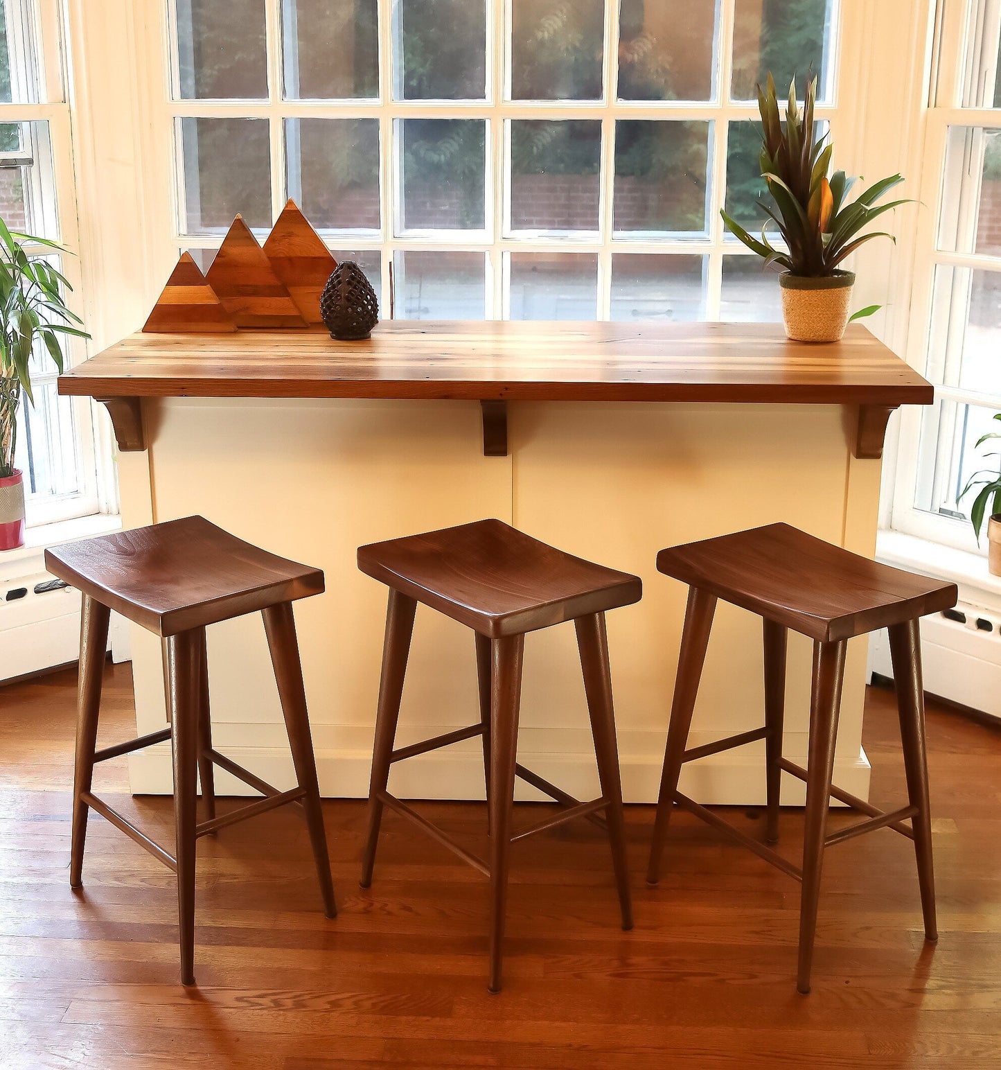 Mid Century Modern Walnut Counter Height Stool, Scandinavian Design Walnut Counter Stool, Counter Height Walnut Danish Modern Saddle Stool