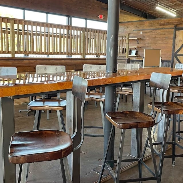 Scooped Seat Bar Stools With Backs, Counter Height Stools, Brew Haus Industrial Bar Stools, Reclaimed Wood Bar Stools