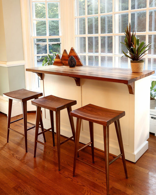 Mid Century Modern Walnut Counter Height Stool, Scandinavian Design Walnut Counter Stool, Counter Height Walnut Danish Modern Saddle Stool