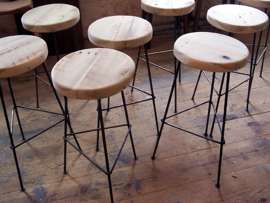 Counter Stools, Bar Stools Counter Height, Backless Bar Stools, Vintage Factory Stools, Industrial Wood Bar Stool With 3 Metal Legs, Danish