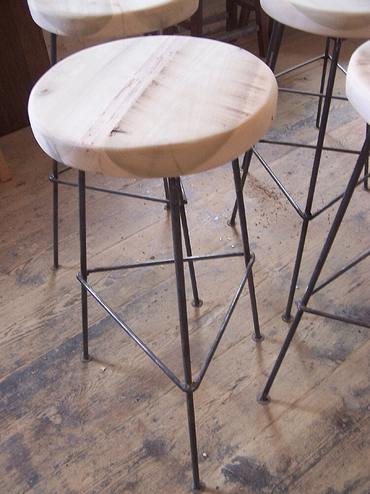 Counter Stools, Bar Stools Counter Height, Backless Bar Stools, Vintage Factory Stools, Industrial Wood Bar Stool With 3 Metal Legs, Danish