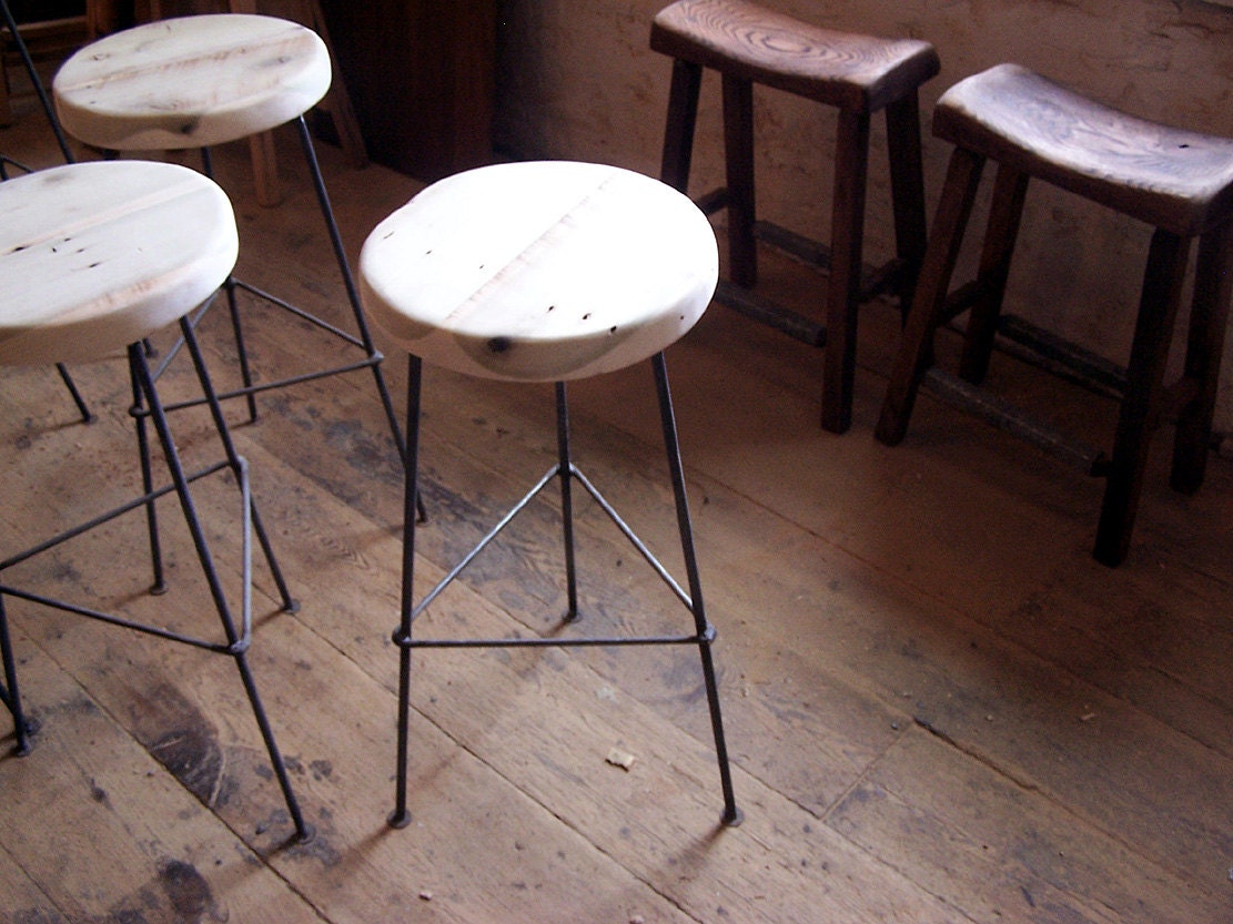 Counter Stools, Bar Stools Counter Height, Backless Bar Stools, Vintage Factory Stools, Industrial Wood Bar Stool With 3 Metal Legs, Danish