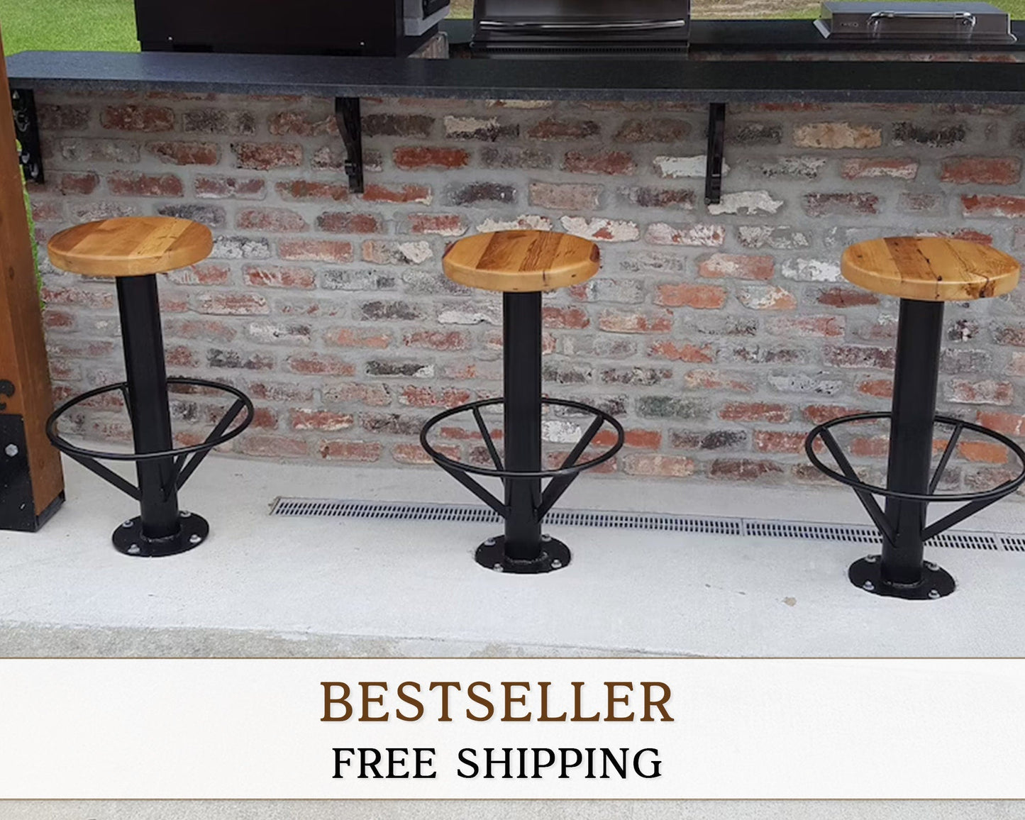 Circular Footrest Bolt Down Bar Stools, Rustic Modern Bolt Down Bar Stool, Outdoor Patio Bar Stools, Floor Mounted Metal Bar Stool
