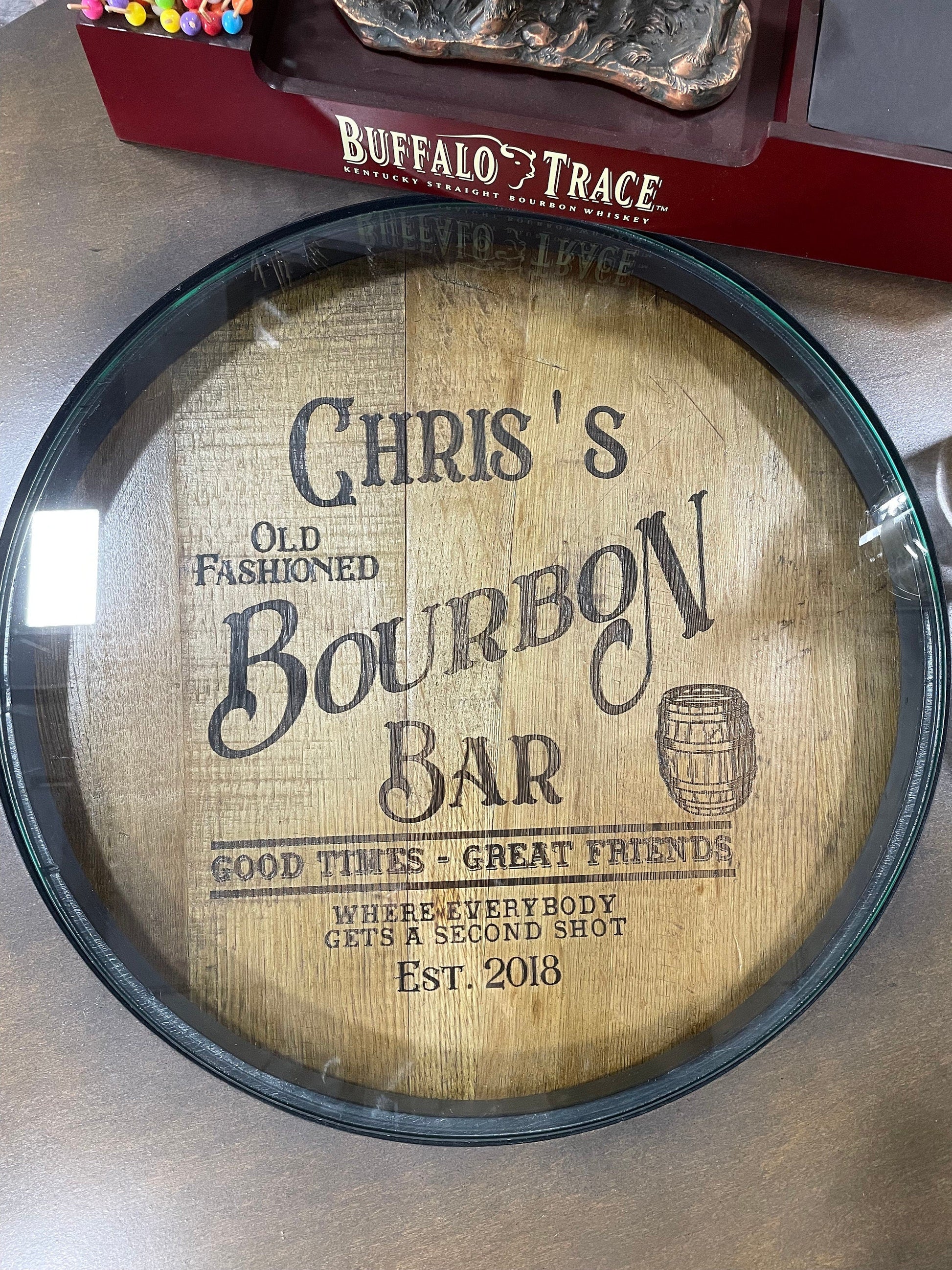 Custom made Bourbon Barrel Bistro/Pub Table Table with cabinet base and glass insert- Custom designed laser engraving available