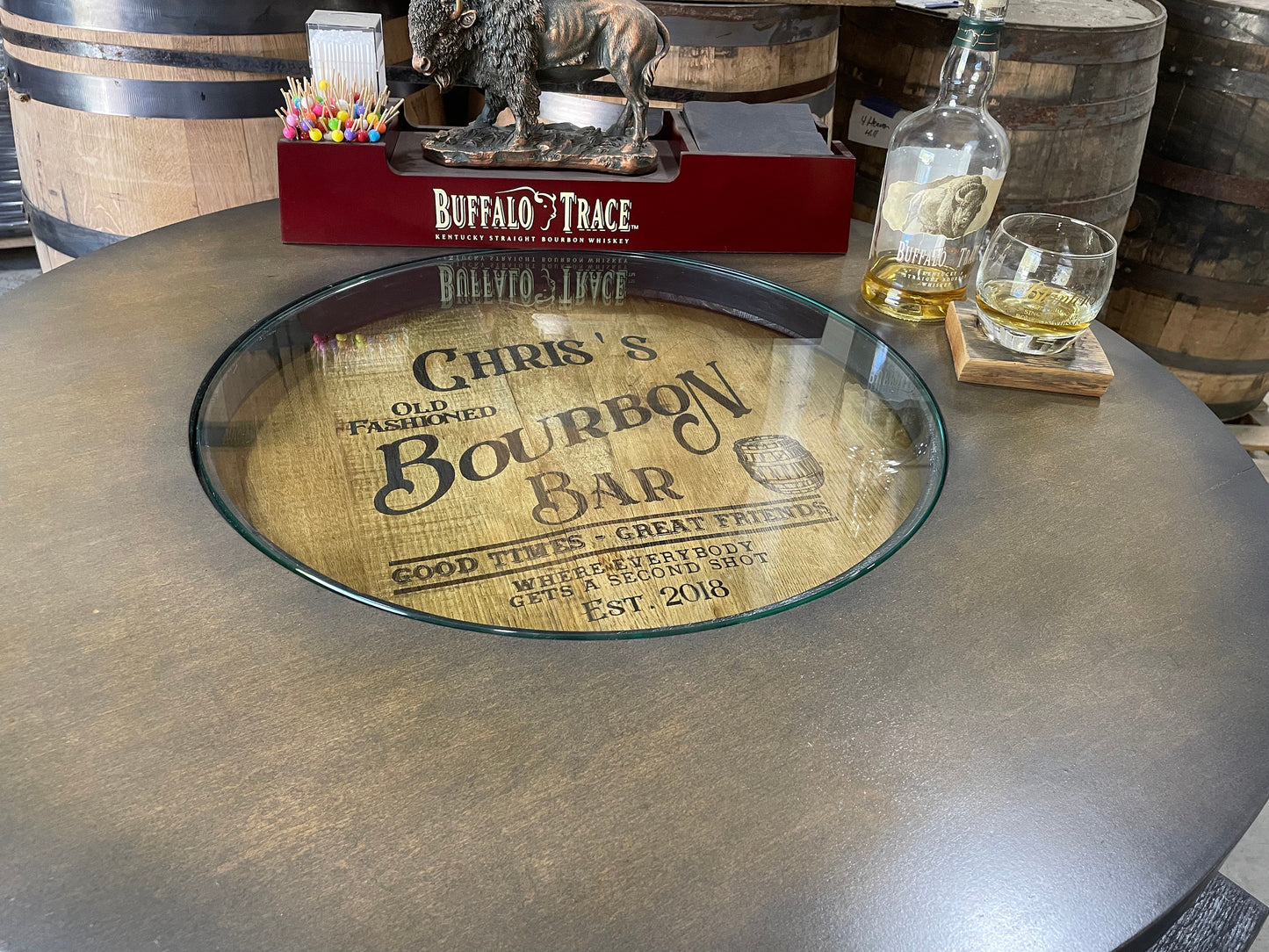 Custom made Bourbon Barrel Bistro/Pub Table Table with cabinet base and glass insert- Custom designed laser engraving available