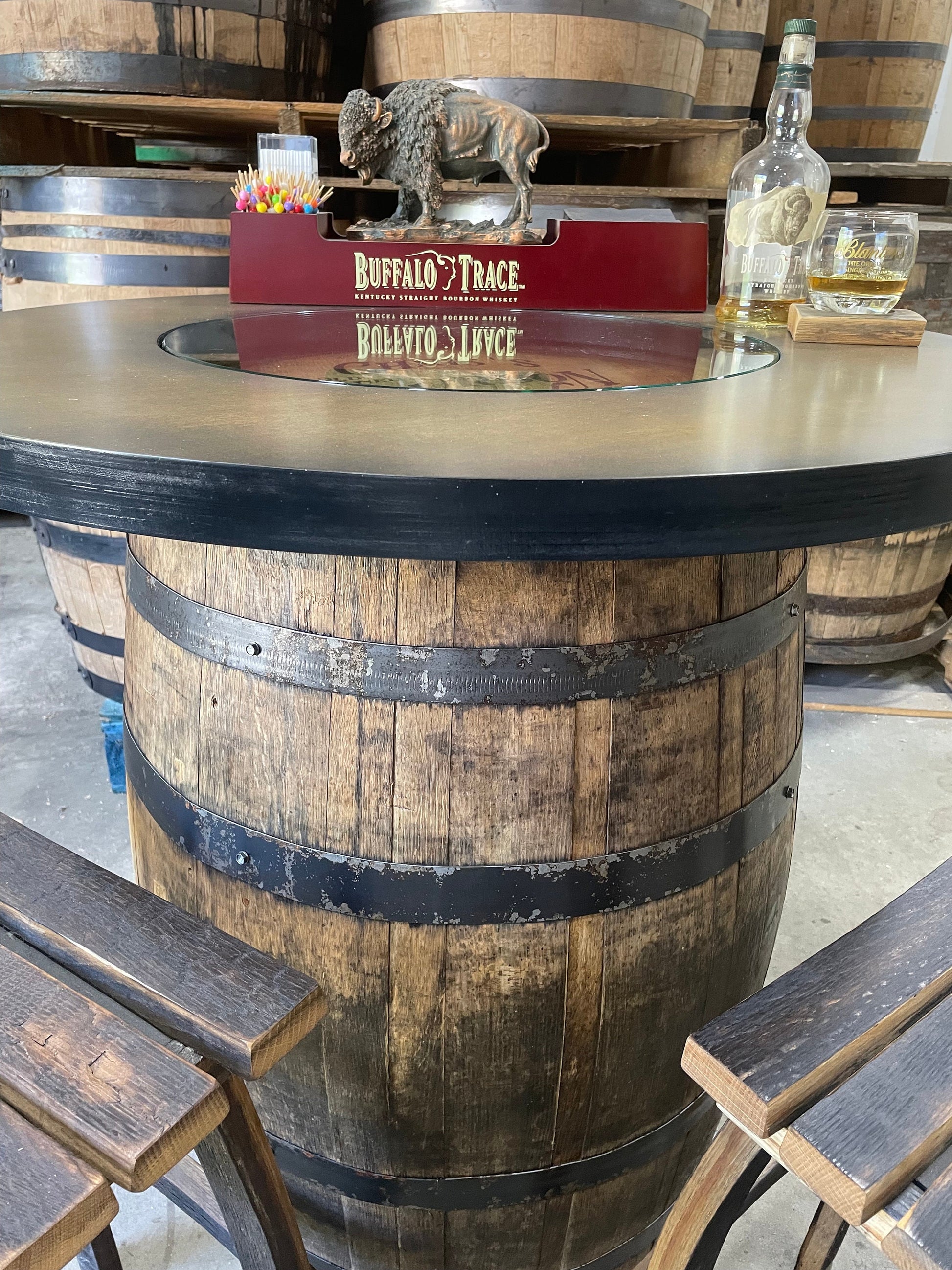 Custom made Bourbon Barrel Bistro/Pub Table Table with cabinet base and glass insert- Custom designed laser engraving available