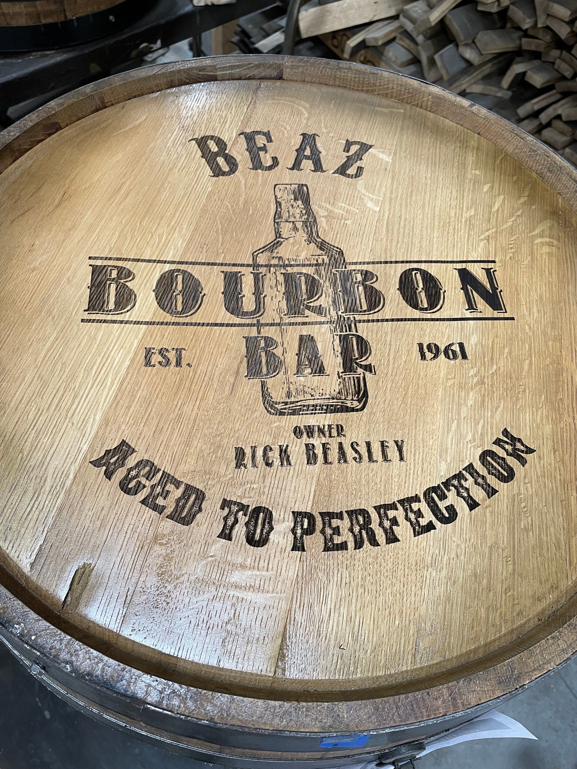 Custom made Bourbon Barrel Bistro/Pub Table Table with glass insert- Custom designed laser engraving available