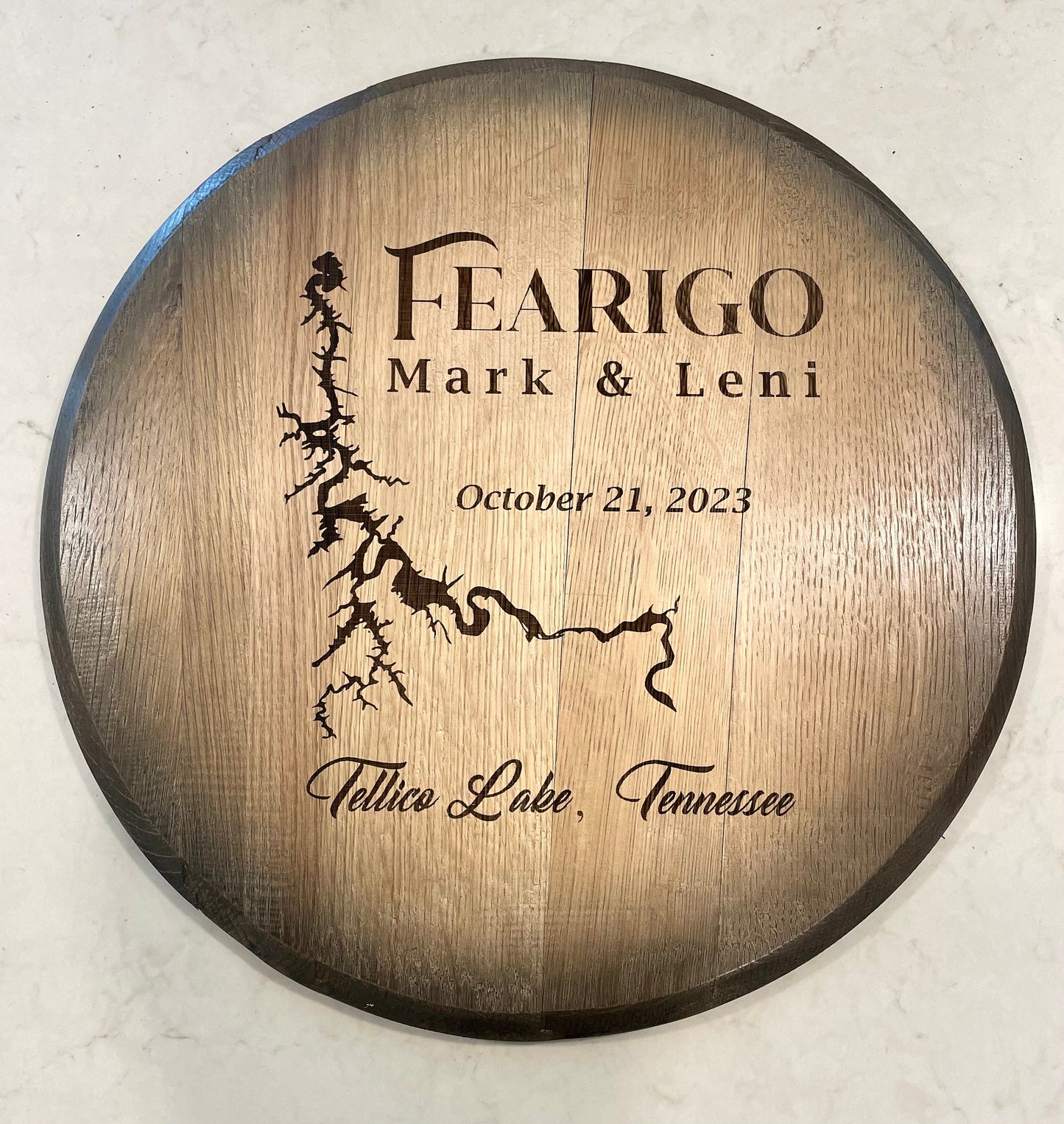 Custom made Bourbon Barrel Bistro/Pub Table Table with glass insert- Custom designed laser engraving available