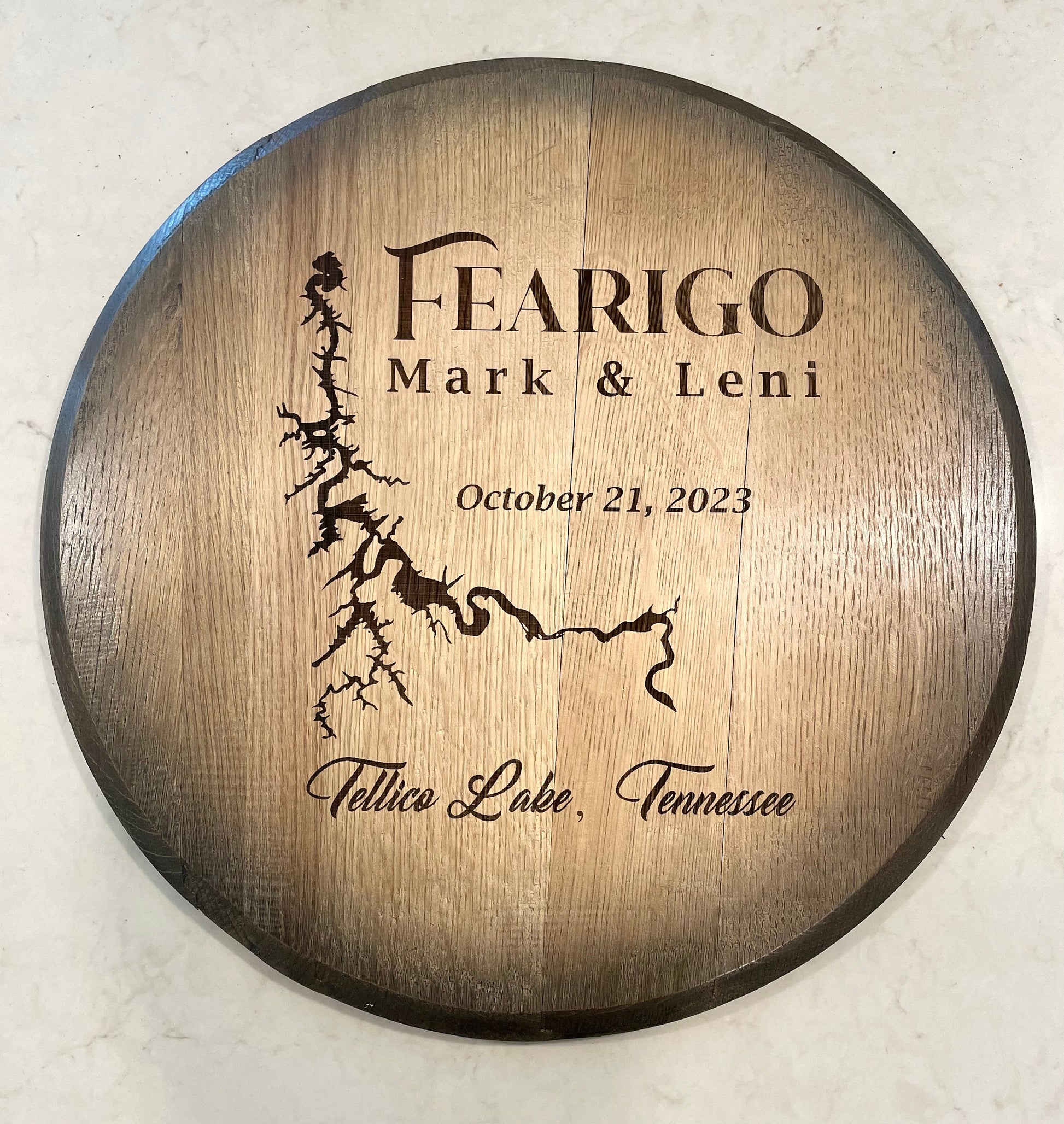 Custom made Bourbon Barrel Bistro/Pub Table Table with glass insert- Custom designed laser engraving available