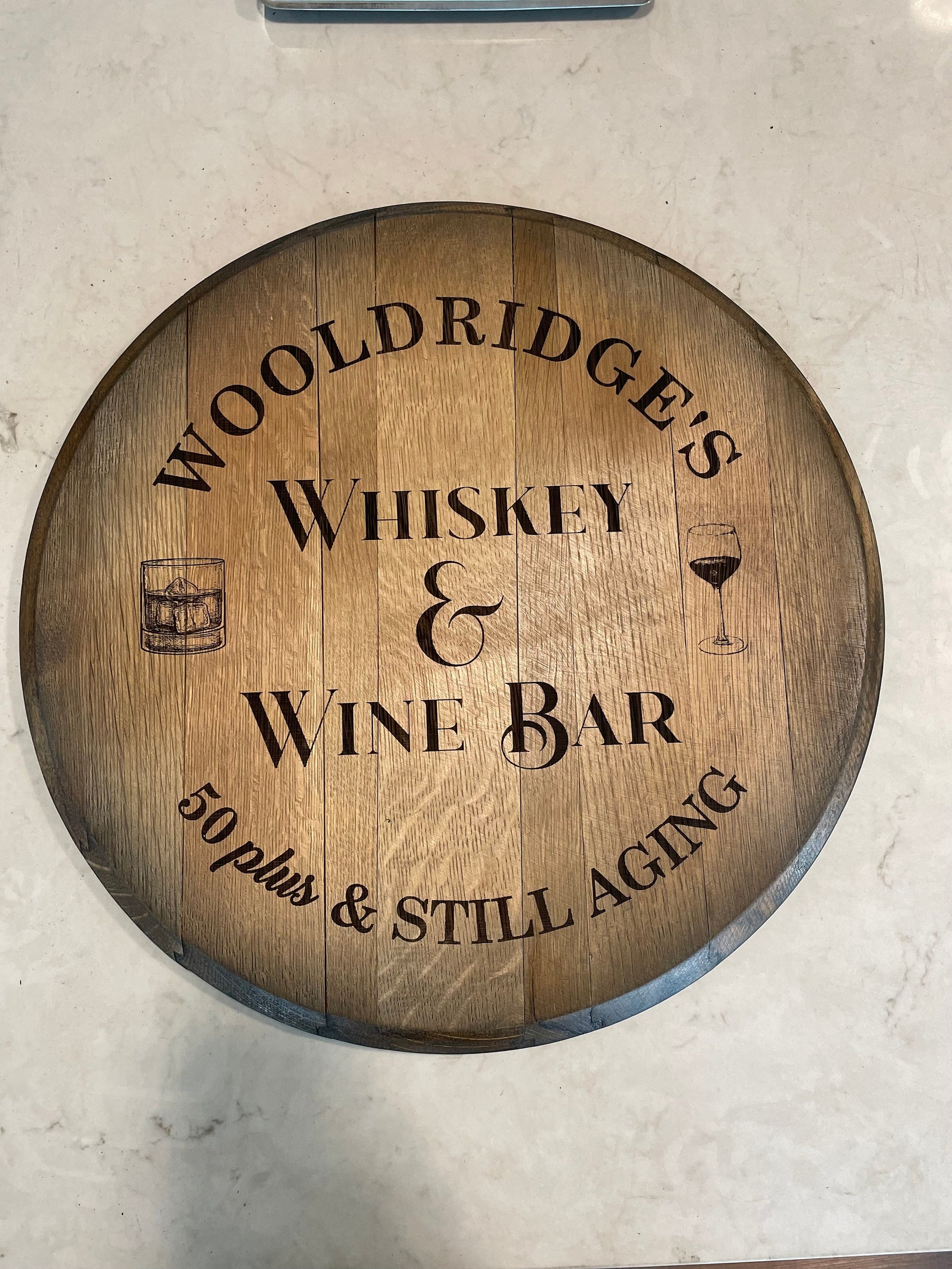 Custom made Bourbon Barrel Bistro/Pub Table Table with glass insert- Custom designed laser engraving available