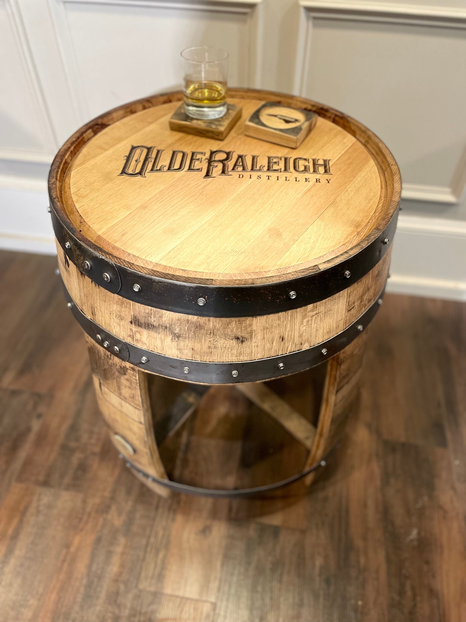 Whiskey Barrel End Table- Custom Engraving Available