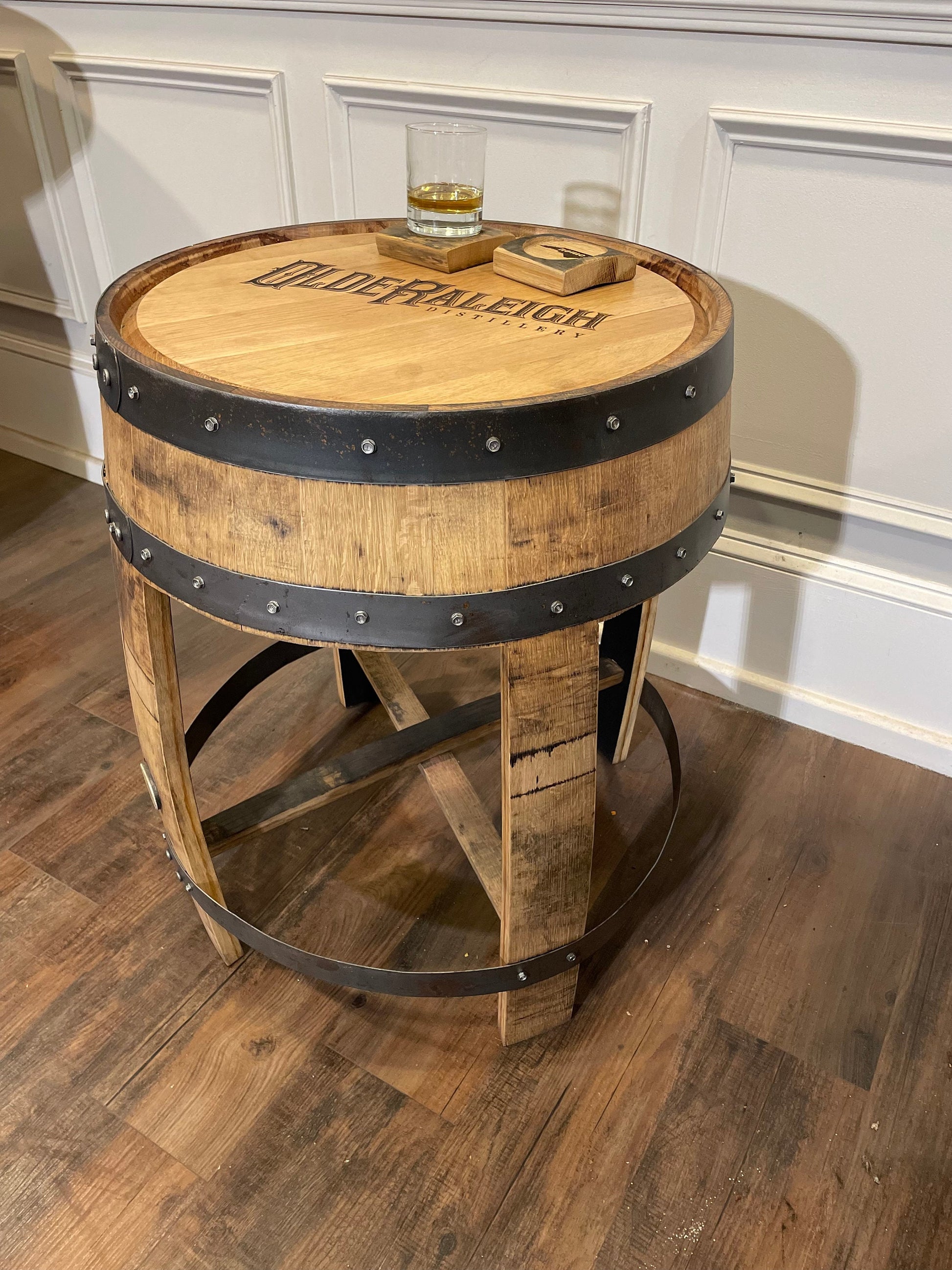 Whiskey Barrel End Table- Custom Engraving Available