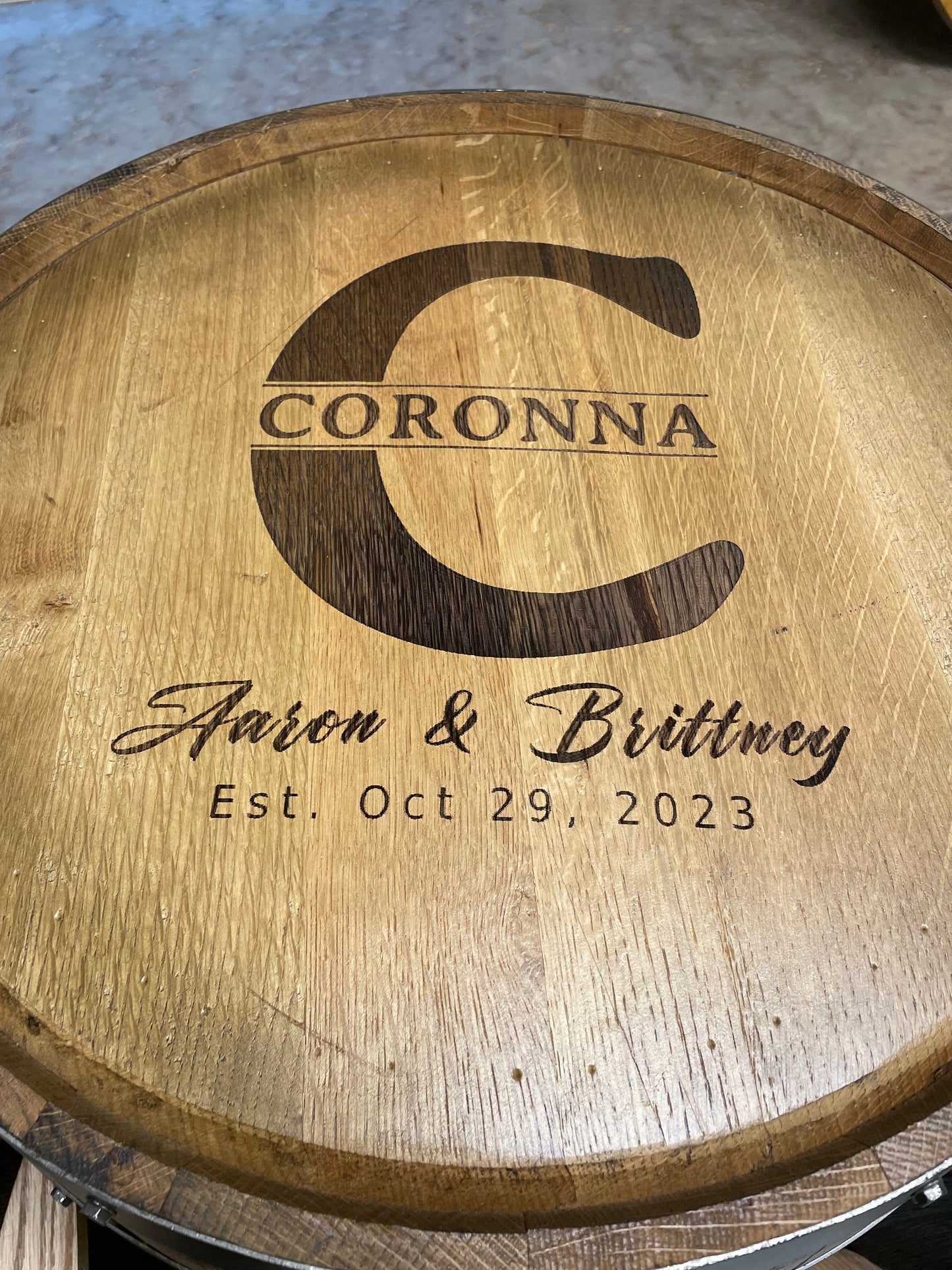 Whiskey Barrel End Table- Custom Engraving Available